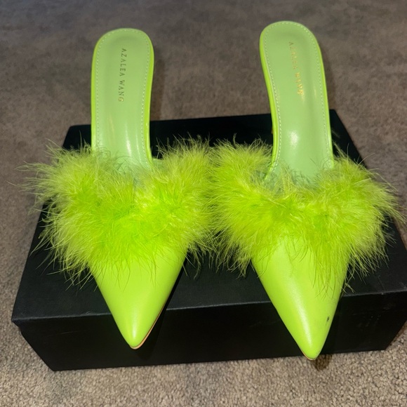 Azalea Wang Shoes - Azalea Wang Neon Green Feather Pointed-Toe Mule Heels
